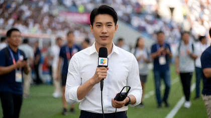 体育记者在赛事现场进行比赛报道与记录