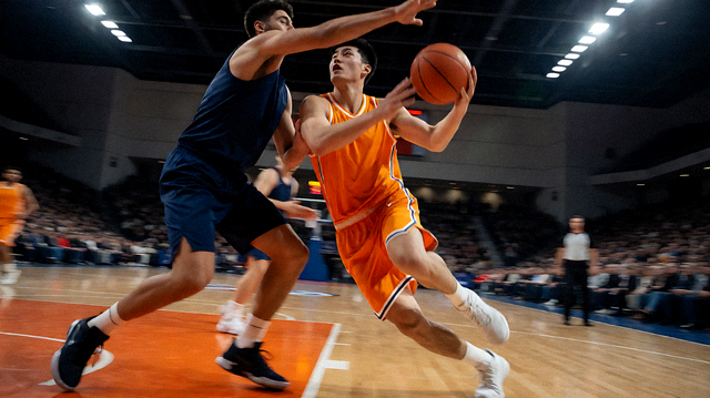 NBA 篮球比赛中的上篮对抗与球场画面